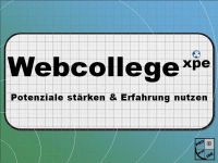 Text: "Webcollege xpe - Potenziale stärken & Erfahrung nutzen" auf kariertem Hintergrund.