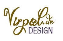 Logo mit Schriftzug "Virpol.de Design" in braun und lila Schrift auf weißem Hintergrund.