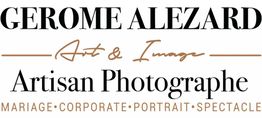 Logo texte : "GEROME ALEZARD Artisan Photographe, Mariage, Corporate, Portrait, Spectacle".
