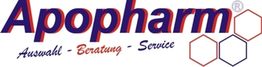 Logo von Apopharm mit dem Slogan "Auswahl - Beratung - Service" und drei Sechsecken.