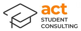 Studentenmütze-Logo und Text "act STUDENT CONSULTING" in Orange und Schwarz.