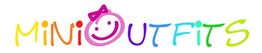 Bunter "Mini Outfits"-Schriftzug mit lachendem Gesicht im O, verziert mit Schleife.