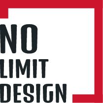 Logo met tekst "NO LIMIT DESIGN" in zwarte letters, omlijst door een rode hoek.