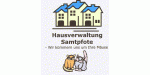 Drei Häuser oben, Katzen und Hund unten, Text: "Hausverwaltung Samtpfote - Wir kümmern uns."