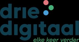 Logo van Drie Digitaal met tekst "elke keer verder" en drie gekleurde stippen.