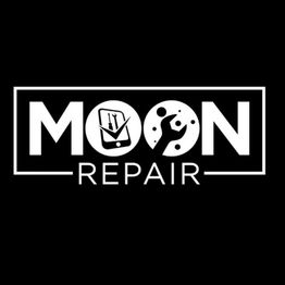 Logo "MOON REPAIR" mit Symbolen für Geräte und Werkzeuge auf schwarzem Hintergrund.