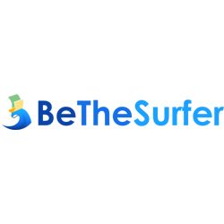 "Logo with text 'BeTheSurfer' and a wave icon featuring multicolored rectangles."