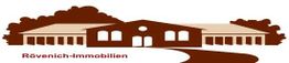 Logo: Braunes Gebäude mit Bäumen und Schriftzug „Rövenich-Immobilien“ unten.