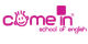 Logo de "come in", escuela de inglés, con texto en color rosa y cara sonriente.