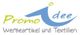 Logo mit Text: "Promoidee - Werbeartikel und Textilien". Schriftzug in Grün und Blau.