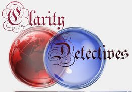 Texto "Clarity Detectives" sobre círculos rojo y azul traslúcidos.