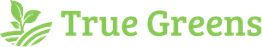 Logo med bladgrafik og teksten "True Greens" i grønt.