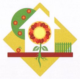 Illustration eines Hauses mit Sonnenblume, Zaun, Baum mit Äpfeln und Apfel am Boden.