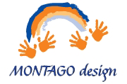 Logo mit buntem Regenbogen, orangenen Handabdrücken und dem Text "MONTAGO design".