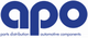Blaues "apo" Logo, darunter Text: "parts distribution" und "automotive components".