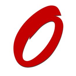 Rotes, stilisiertes "O" mit dynamischem Schwung auf weißem Hintergrund.