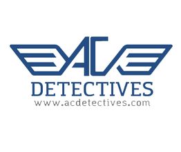 Logotipo azul de AC Detectives con alas estilizadas y sitio web www.acdetectives.com.