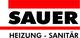 Logo mit Text "SAUER" in Schwarz, darunter "HEIZUNG - SANITÄR", umrahmt von roten Streifen.