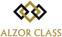 Logotipo de Alzor Class con rombos entrelazados en negro y dorado.