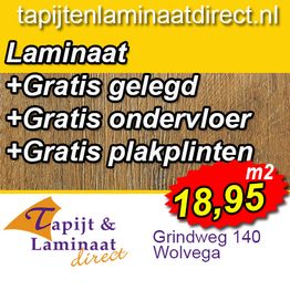 Laminaat aanbieding: €18,95/m², gratis gelegd, ondervloer, plinten. Tapijt & Laminaat Direct, Wolvega.