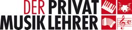 Text "Der Privatmusiklehrer" mit Symbolen für Keyboard, Schlagzeug, Akkordeon, Noten.