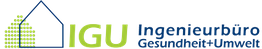 Logo des Ingenieurbüros Gesundheit + Umwelt mit Haus- und Punktemuster in Grün und Blau.