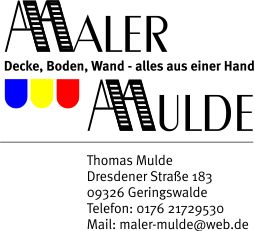 Logo und Kontaktdaten von Maler Mulde: Name, Adresse, Telefon und E-Mail.