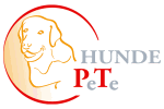 Hunde-Logo mit stilisiertem Hundekopf, rotem Kreis und Text "HUNDE PeTe".