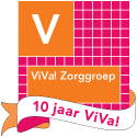 Logo ViVa! Zorggroep, roze en oranje, met tekst "10 jaar ViVa!" op lint.