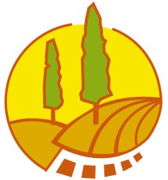Zwei grüne Bäume auf gelbem Feld in einer stilisierten Landschaftsillustration.