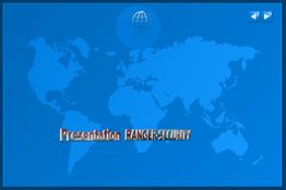 Blaue Weltkarte mit Text "Presentation RANGER:SECURITY" in der Mitte; Navigationspfeile oben.