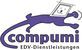 Logo mit lila Hund, der Laptop trägt, Schriftzug "compumi EDV-Dienstleistungen".