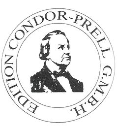 Schwarz-weißes Logo mit dem Porträt eines Mannes, umgeben von „Edition Condor-Prell GmbH“.