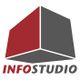 Logo de Infostudio: cubo en 3D rojo y gris, texto en rojo y gris debajo.
