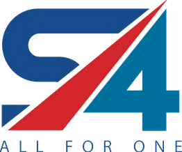 Stylized "S4" logo with "ALL FOR ONE" text below, featuring blue and red colors.
