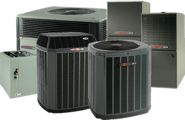 Various Trane HVAC systems including air conditioning units and furnaces, displayed together.