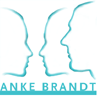 Zwei blaue Profil-Silhouetten gegenüber, darunter der Text "ANKE BRANDT".