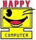 Lächelnder gelber Computermonitor mit dem Schriftzug "Happy Computer" oben und unten.