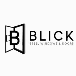 Logo for Blick featuring an open door design and the text "Blick Steel Windows & Doors."