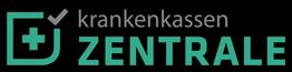 Logo der Krankenkassen-Zentrale mit einem grünen Kreuz-Symbol und Häkchen auf schwarzem Hintergrund.