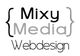 Mixy Media Webdesign-Logo in schwarz-grau mit geschweiften Klammern links und rechts.