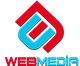Rotes und blaues WebMedia-Logo mit stilisiertem Buchstaben "W".