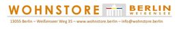 Logo von Wohnstore Berlin Weißensee mit Adresse und Website-Informationen.