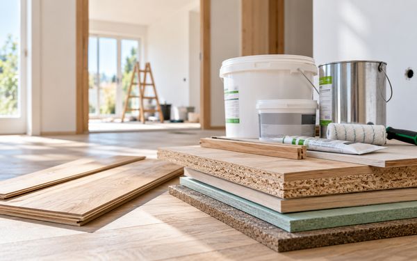 Verschiedene Holzwerkstoffplatten, Bodenbeläge sowie Lacke und Klebstoffe liegen in einem hellen Wohnraum bereit und zeigen die Materialauswahl für einen nachhaltigen, schadstoffarmen Innenausbau.