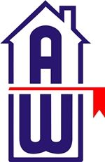 Logo mit Hausform und Buchstaben "A" und "W", rote Linie mit Pfeil.