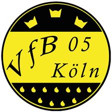Gelbes und schwarzes VfB 05 Köln-Logo mit Kronen und Regentropfen-Muster.