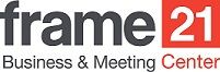 Logo van Frame21 Business & Meeting Center met zwart en rood kleurenschema.