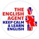 Logo mit Text: "The English Agent", "Keep Calm & Learn English", Figur in Union-Jack-Design.