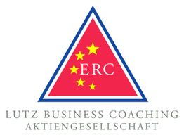 Rotes Dreieck mit gelben Sternen und Buchstaben ERC, darunter Firmenname Lutz Business Coaching.