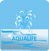 Logo azzurro con fontana e scritta "AQUALIFE" stilizzata.